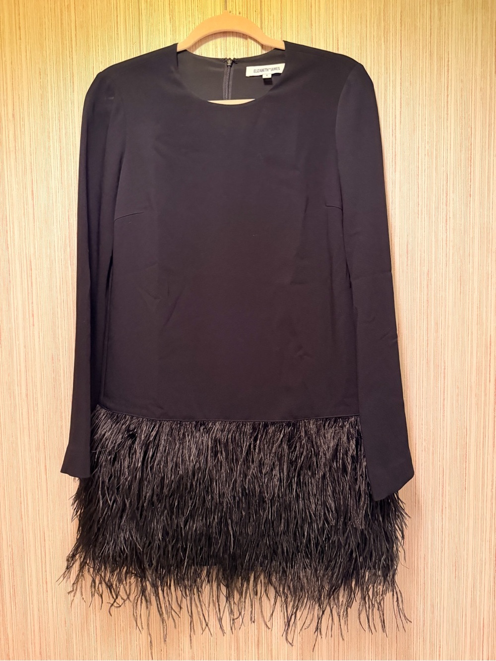 Elizabeth and James Black Long-Sleeve Feather-Hem Mini Dress